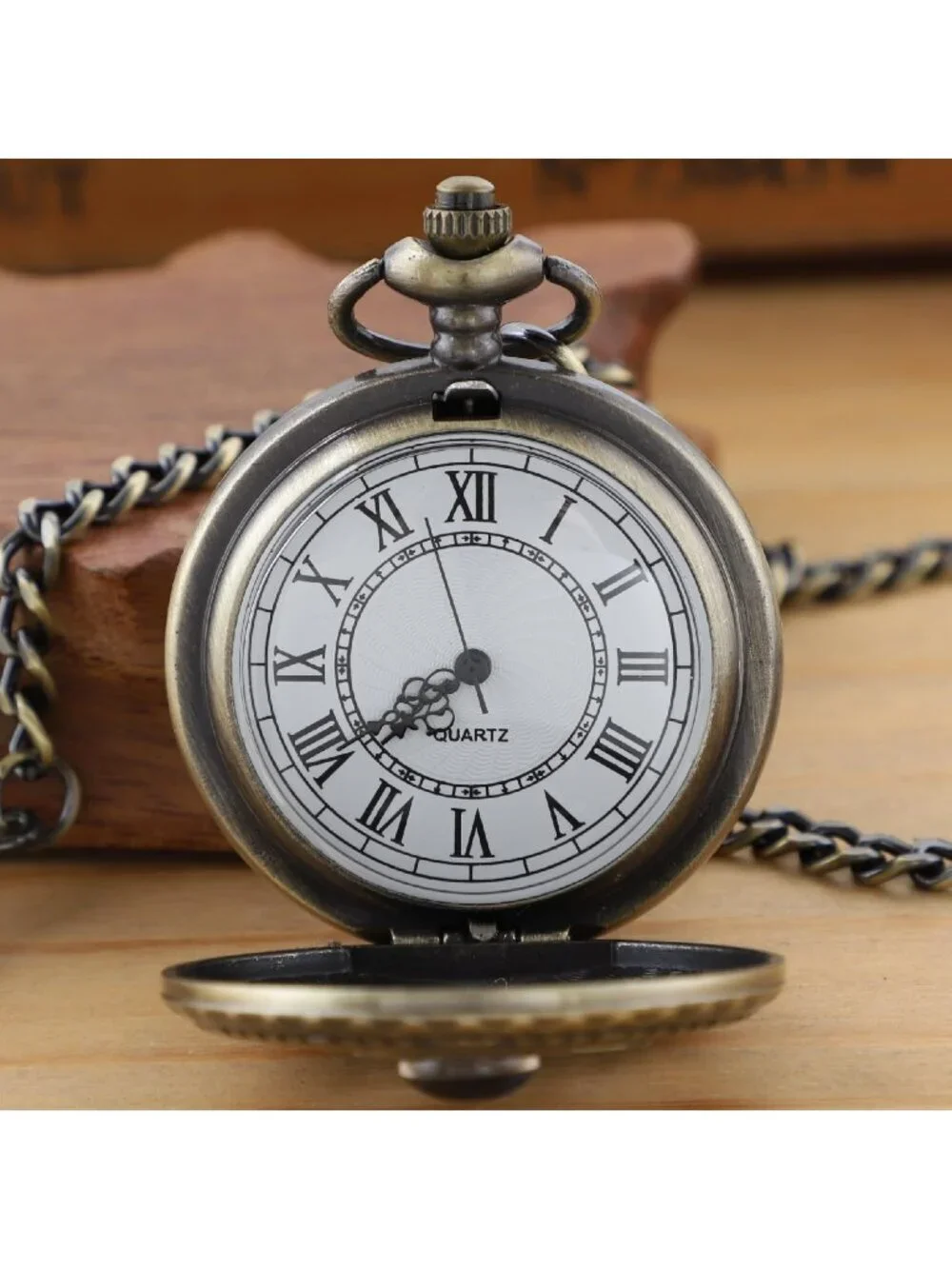 Men's Brown And Gold Analog Quartz Arabic Numeral Moon Phase Chain Pocket Watch